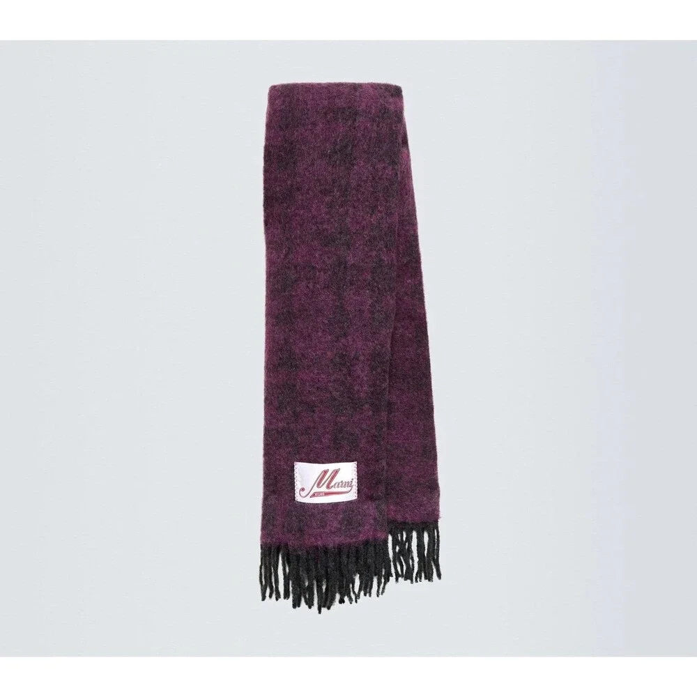 MARNI Brushed Wool Mohair Oversized Check Scarf Purple Black Fringe ITALY 100x30